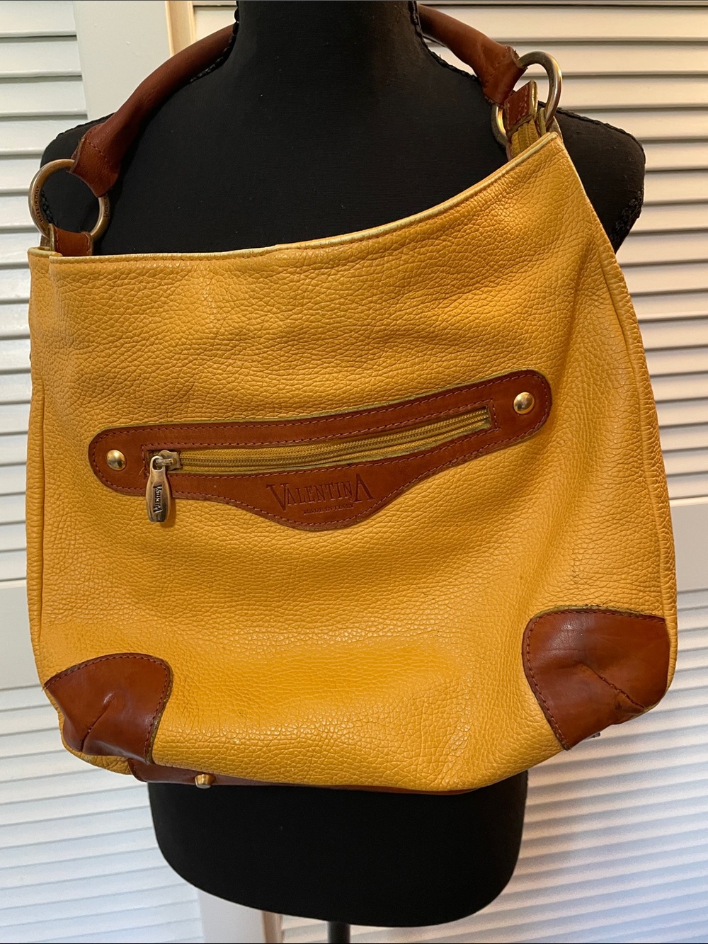 Valentina Yellow Leather Shoulder Bag with Brown Accents